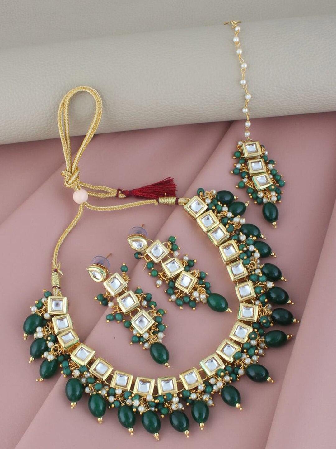 Green Gold-Plated Kundan Studded Jewellery Set - Libasaa