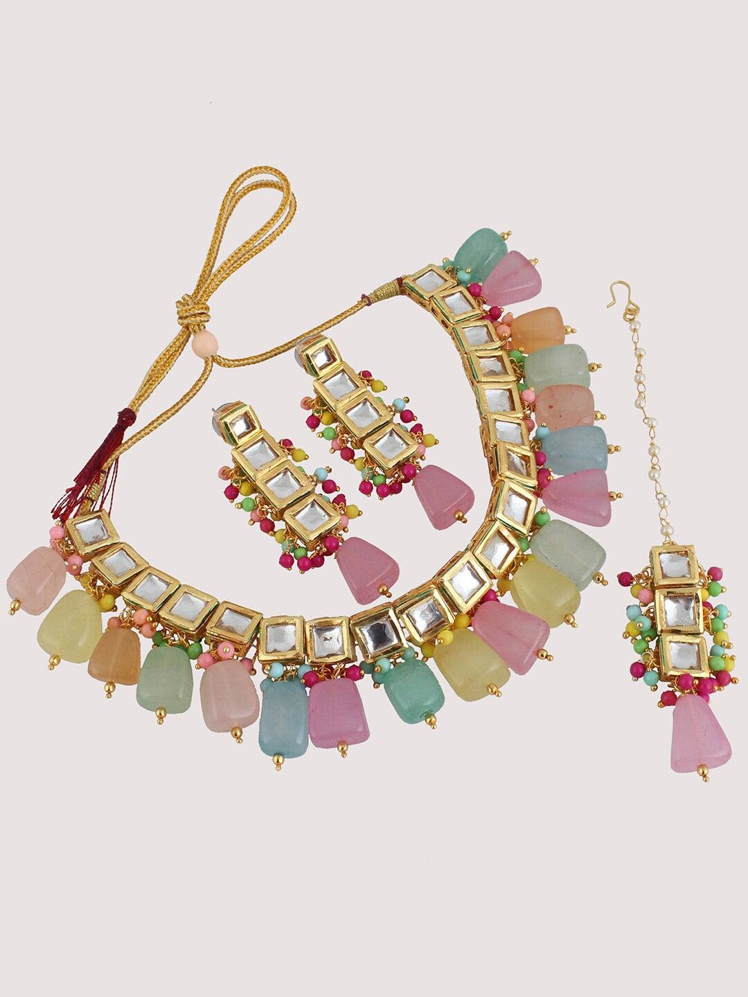 Multicolored Kundan 18k Gold Plated Studded & Beaded Jewellery Set - Libasaa