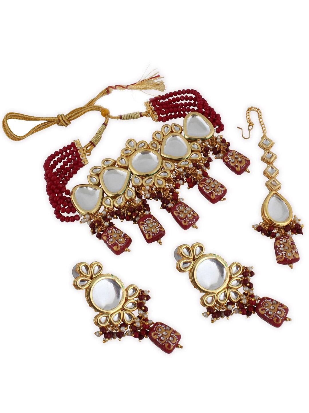 Maroon Gold-Plated Kundan-Studded & Beaded Jewellery Set - Libasaa