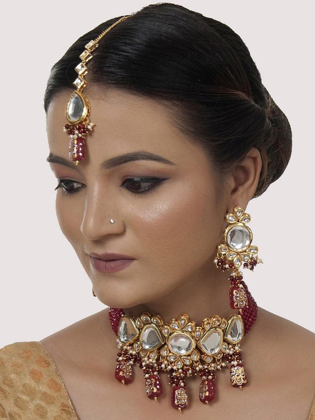 Maroon Gold-Plated Kundan-Studded & Beaded Jewellery Set - Libasaa