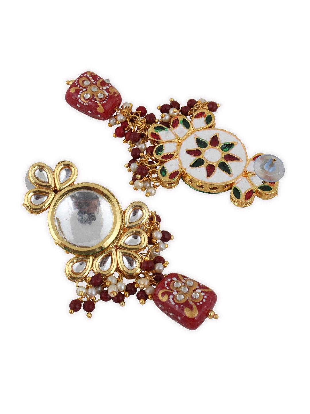 Maroon Gold-Plated Kundan-Studded & Beaded Jewellery Set - Libasaa