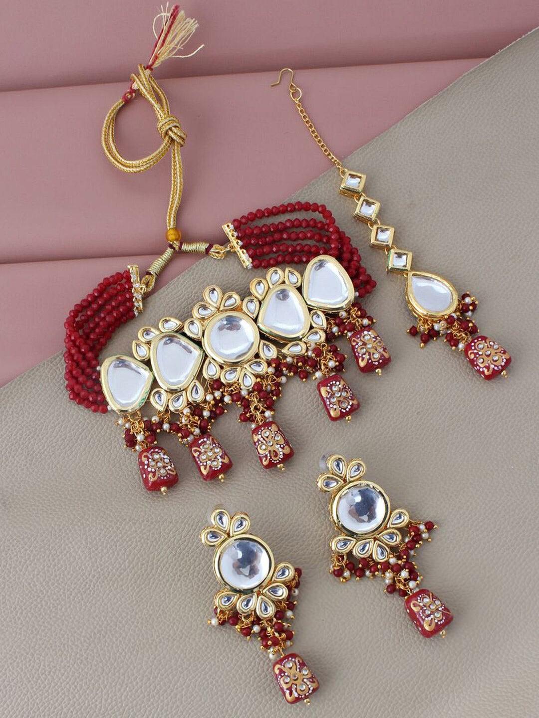 Maroon Gold-Plated Kundan-Studded & Beaded Jewellery Set - Libasaa