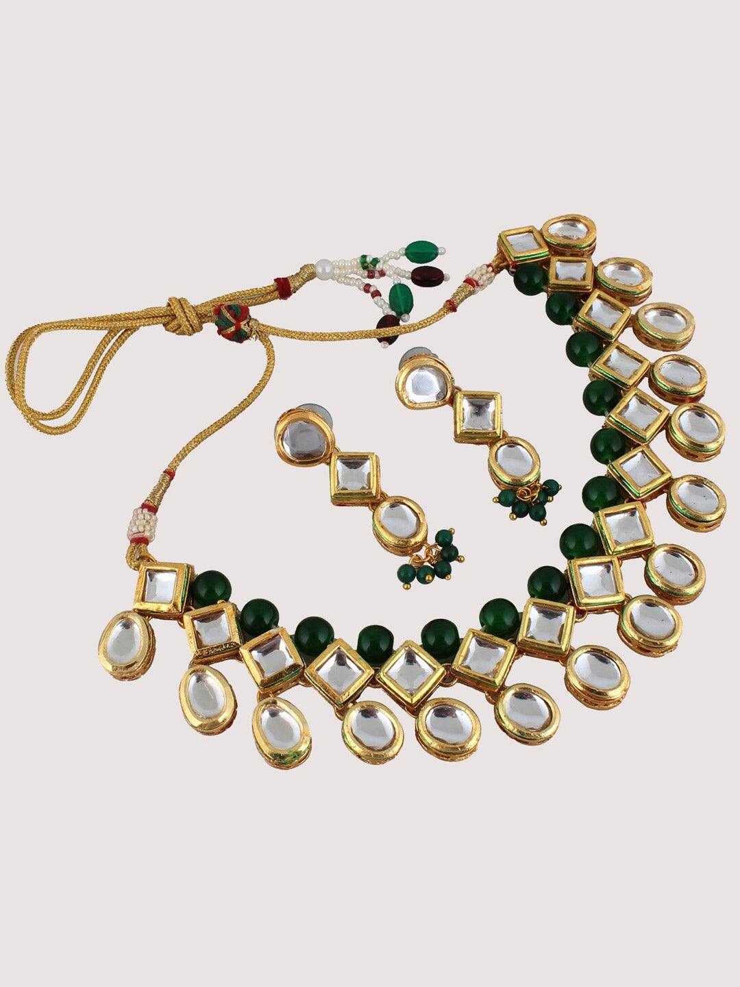 Green Gold-Plated Kundan-Studded Jewellery Set - Libasaa