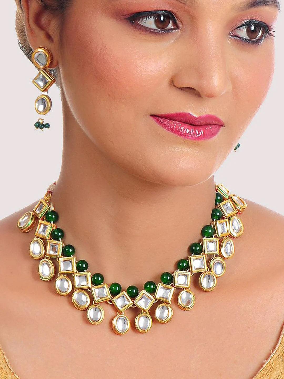 Green Gold-Plated Kundan-Studded Jewellery Set - Libasaa