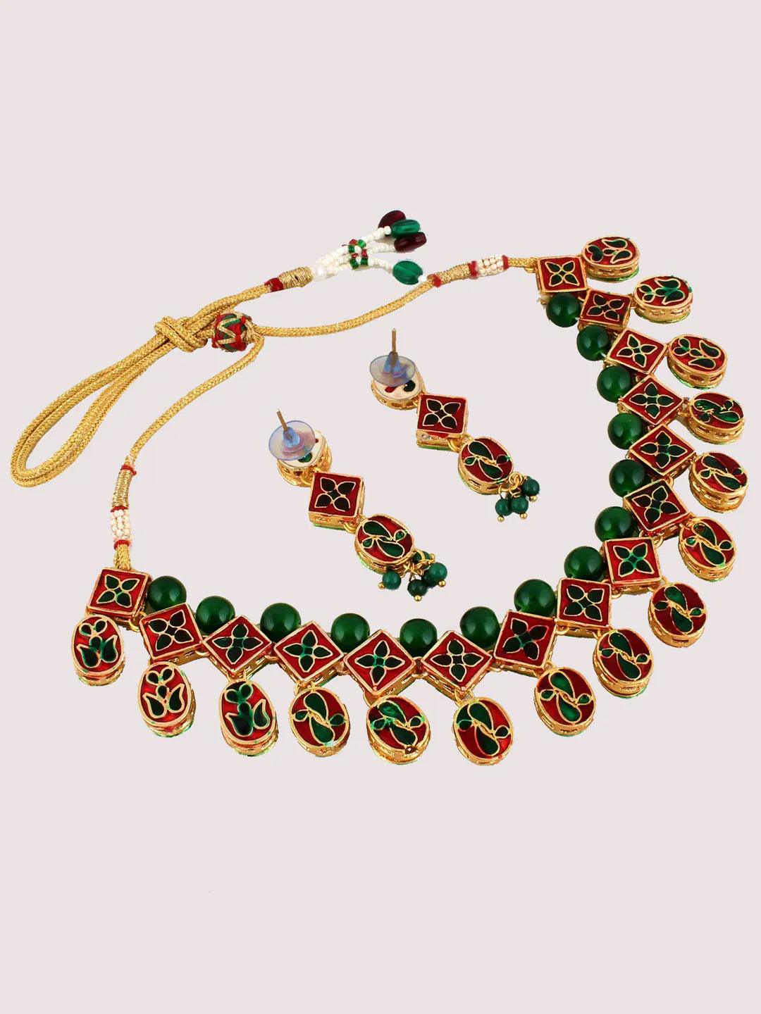 Green Gold-Plated Kundan-Studded Jewellery Set - Libasaa