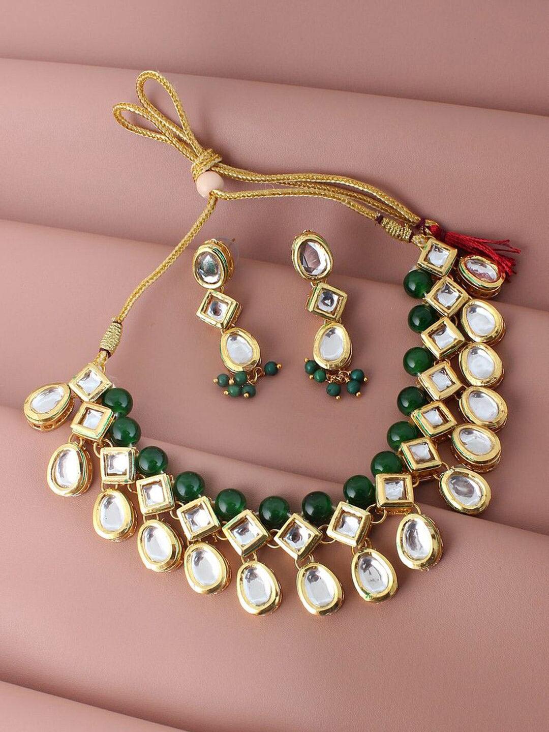 Green Gold-Plated Kundan-Studded Jewellery Set - Libasaa