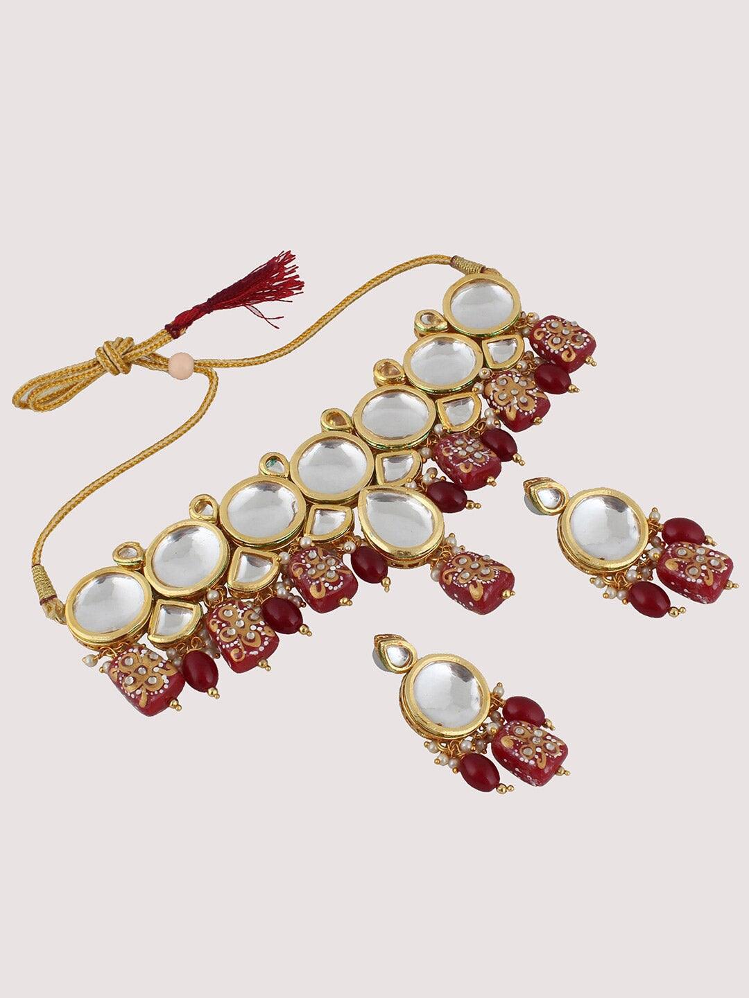 Maroon Gold-plated Kundan-Studded & Beaded Jewellery Set - Libasaa