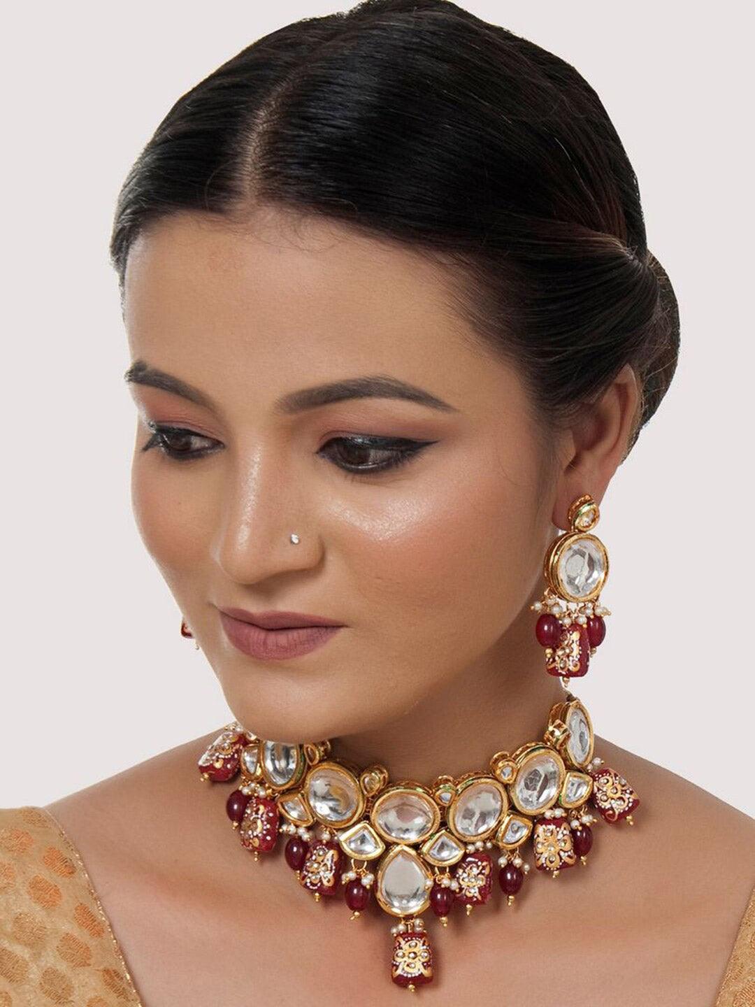 Maroon Gold-plated Kundan-Studded & Beaded Jewellery Set - Libasaa