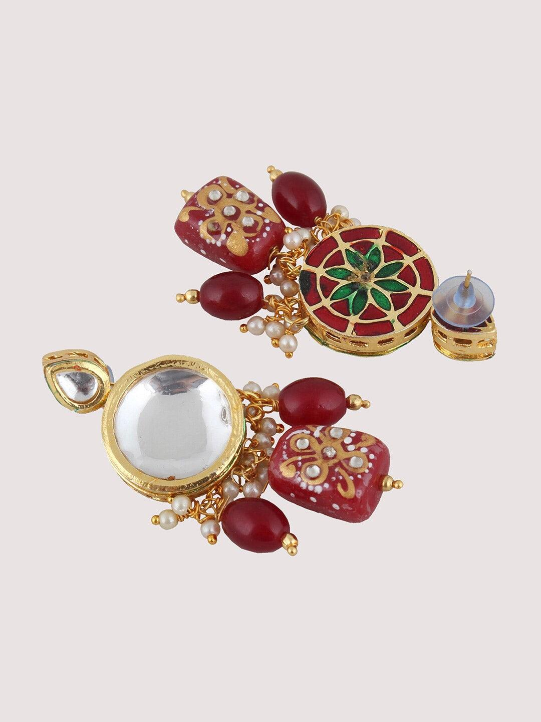 Maroon Gold-plated Kundan-Studded & Beaded Jewellery Set - Libasaa