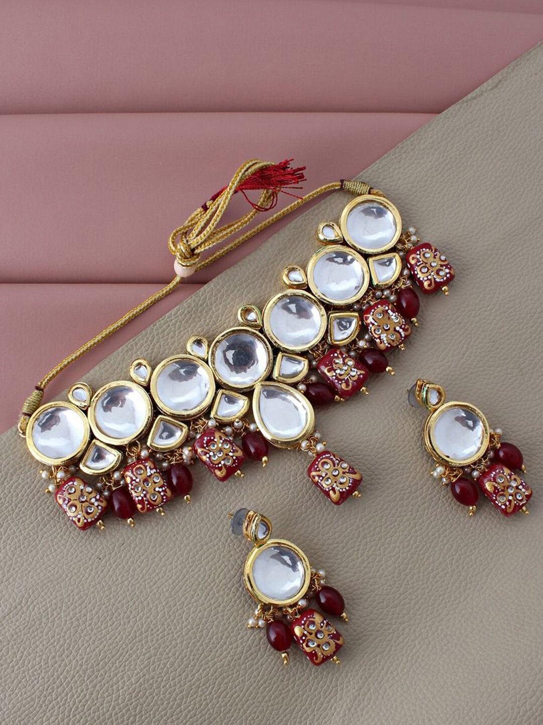 Maroon Gold-plated Kundan-Studded & Beaded Jewellery Set - Libasaa