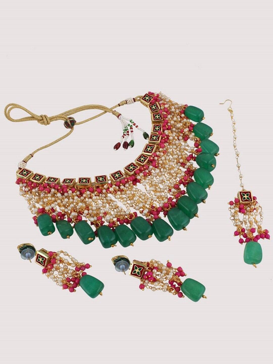 Magenta-Green Gold-Plated Kundan Studded Jewellery Set - Libasaa