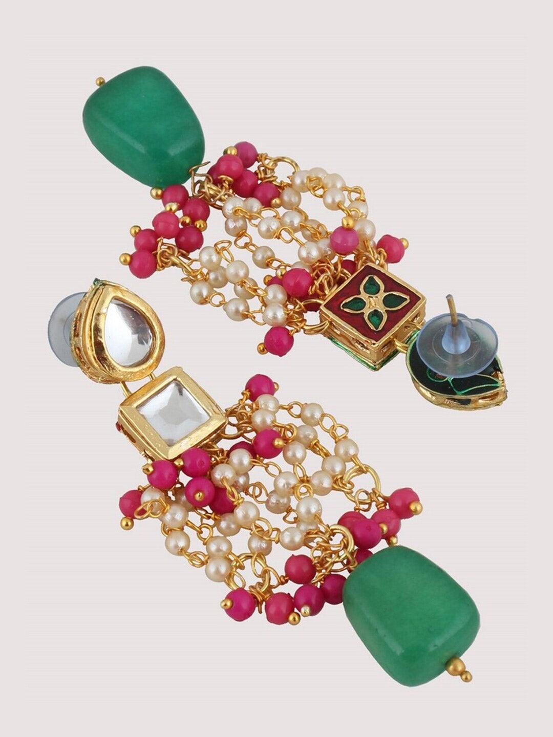 Magenta-Green Gold-Plated Kundan Studded Jewellery Set - Libasaa