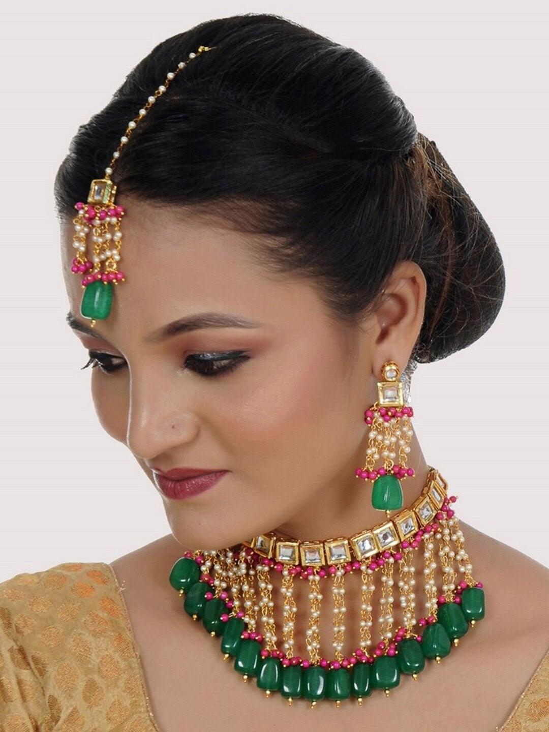 Magenta-Green Gold-Plated Kundan Studded Jewellery Set - Libasaa