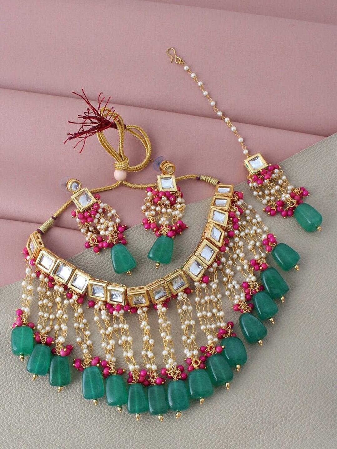 Magenta-Green Gold-Plated Kundan Studded Jewellery Set - Libasaa