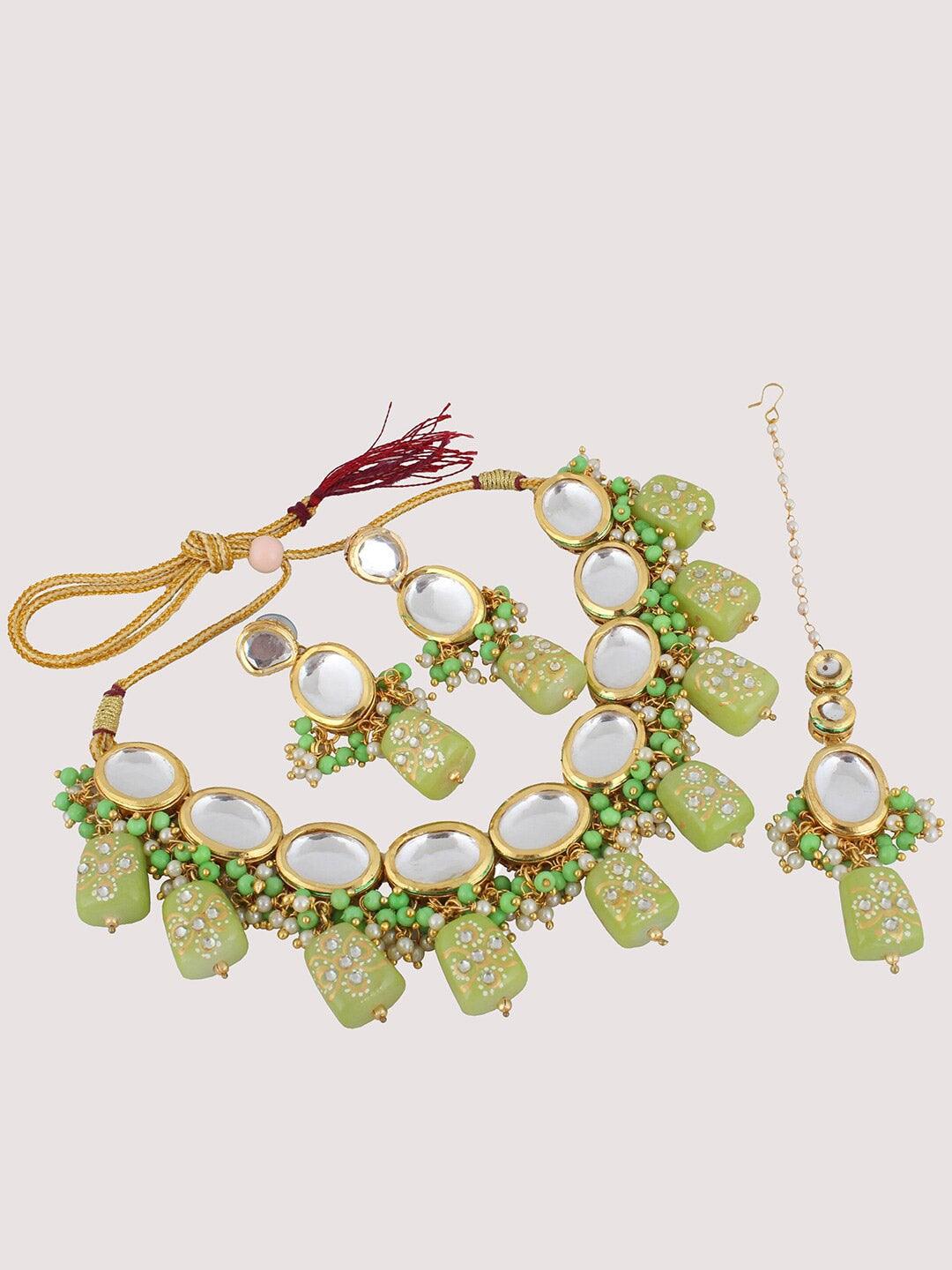 Green 18k Gold Plated Kundan-Studded & Beaded Jewellery Set - Libasaa