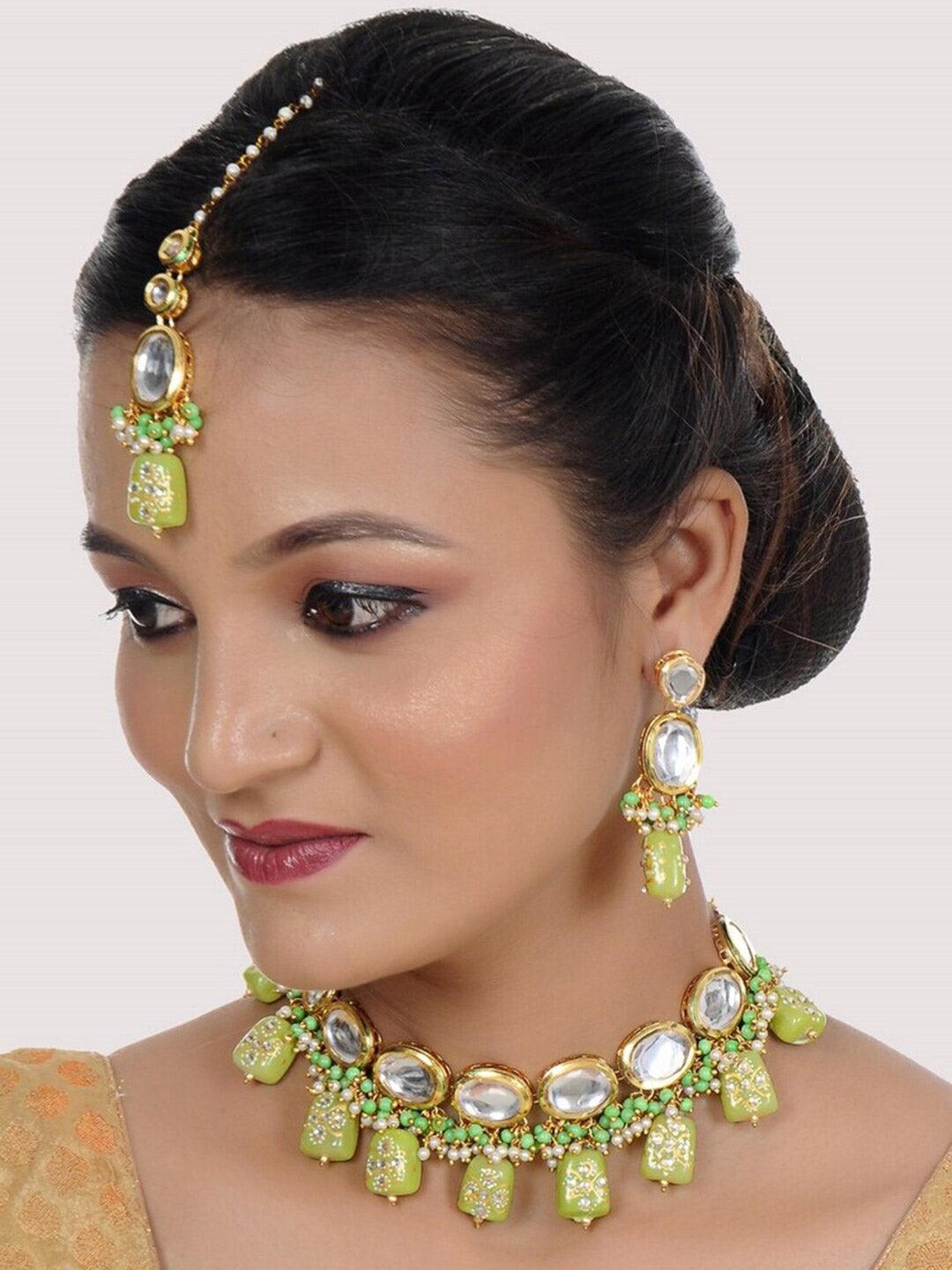 Green 18k Gold Plated Kundan-Studded & Beaded Jewellery Set - Libasaa