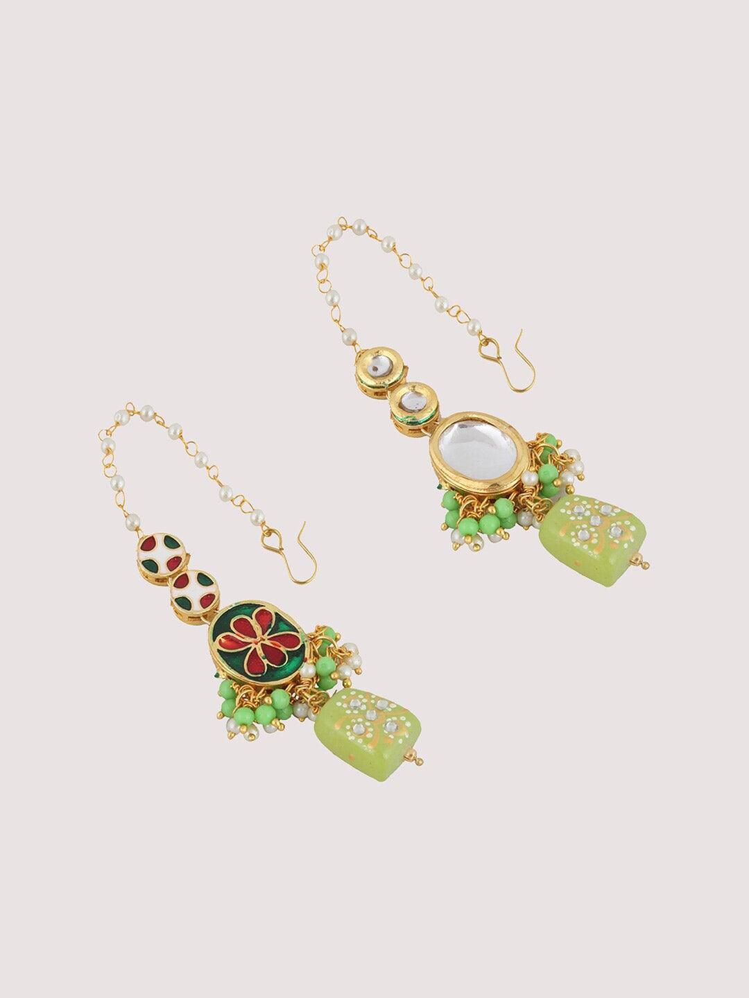 Green 18k Gold Plated Kundan-Studded & Beaded Jewellery Set - Libasaa