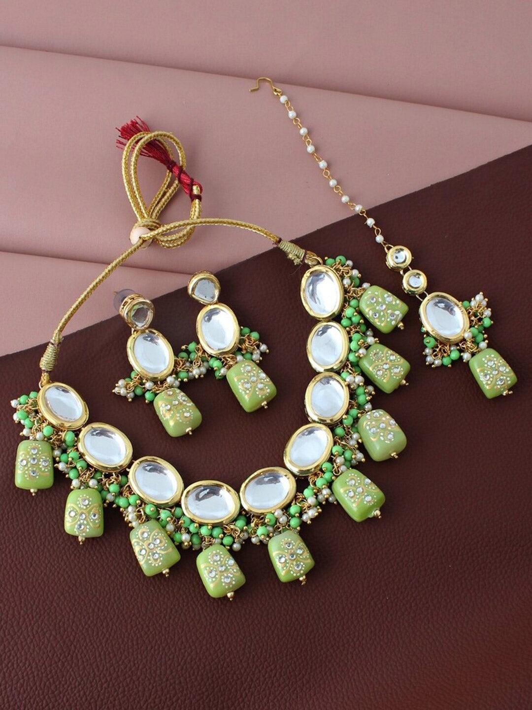 Green 18k Gold Plated Kundan-Studded & Beaded Jewellery Set - Libasaa