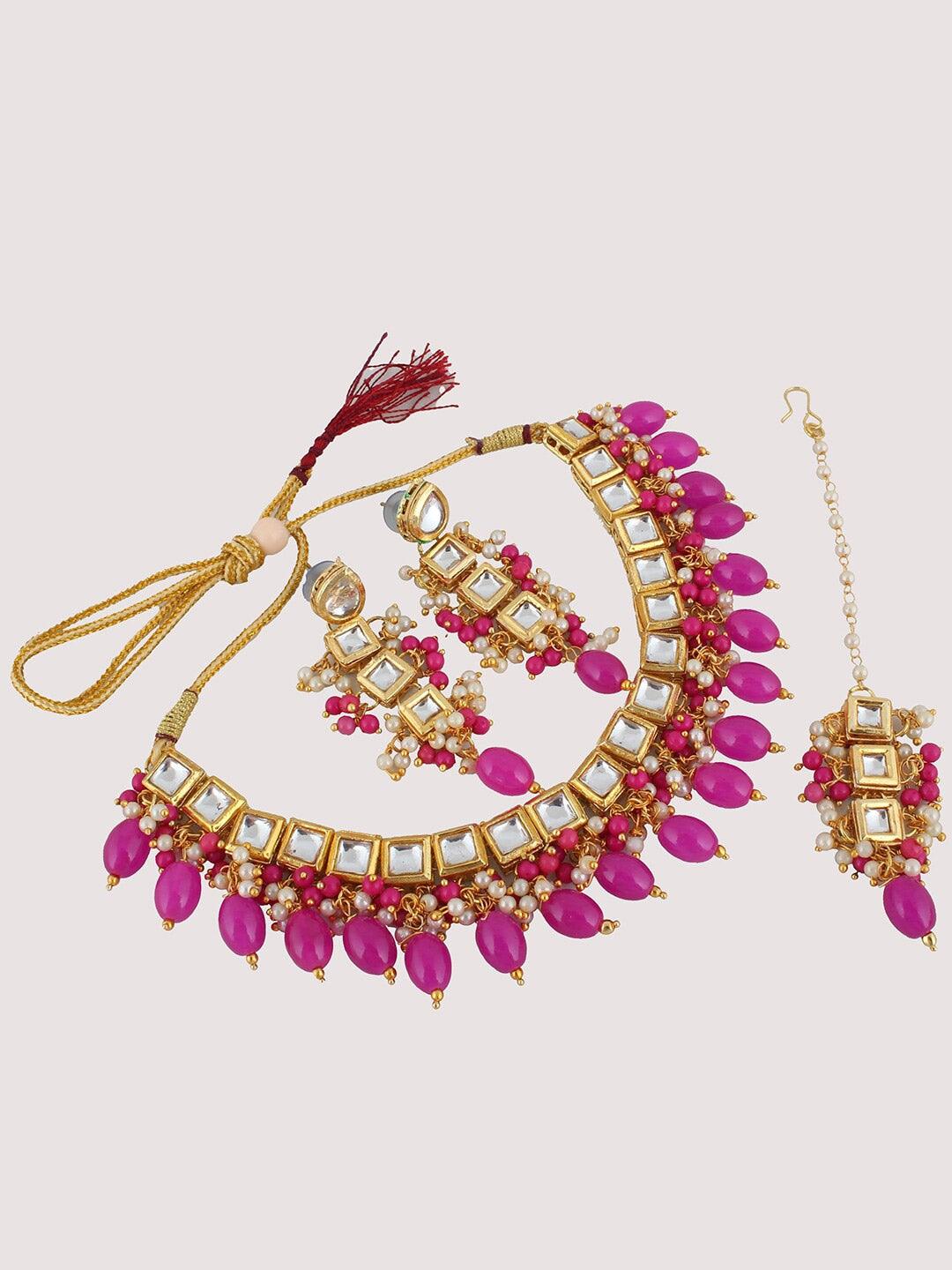 Magenta Gold-Plated Kundan Studded Jewellery Set - Libasaa