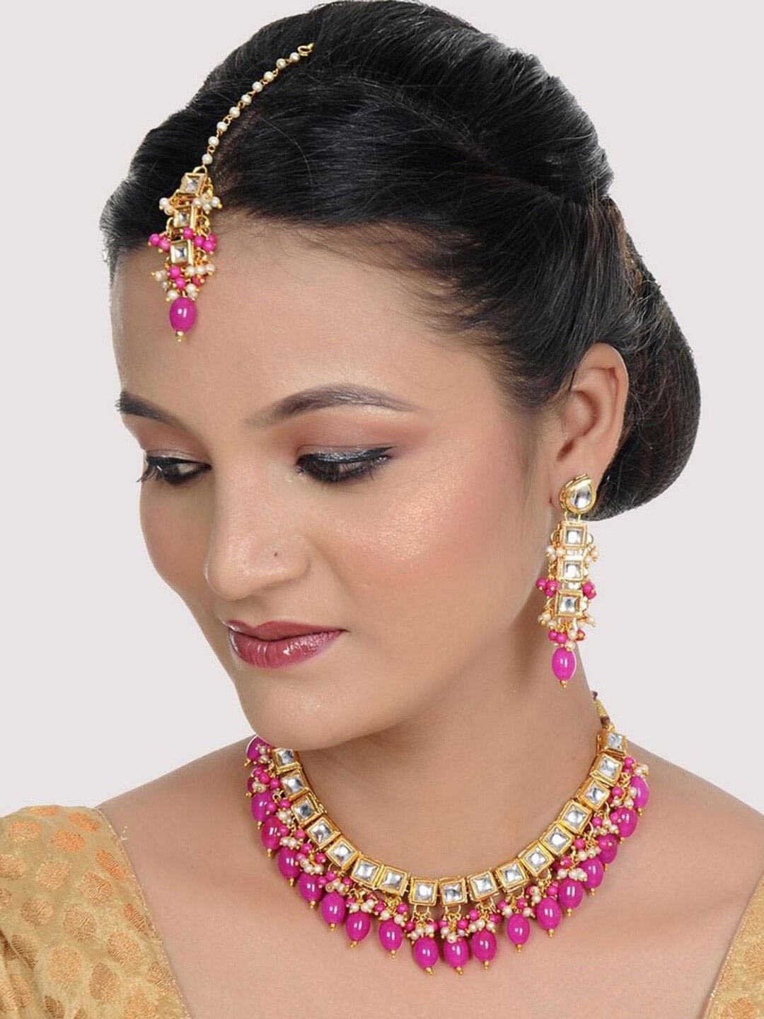 Magenta Gold-Plated Kundan Studded Jewellery Set - Libasaa