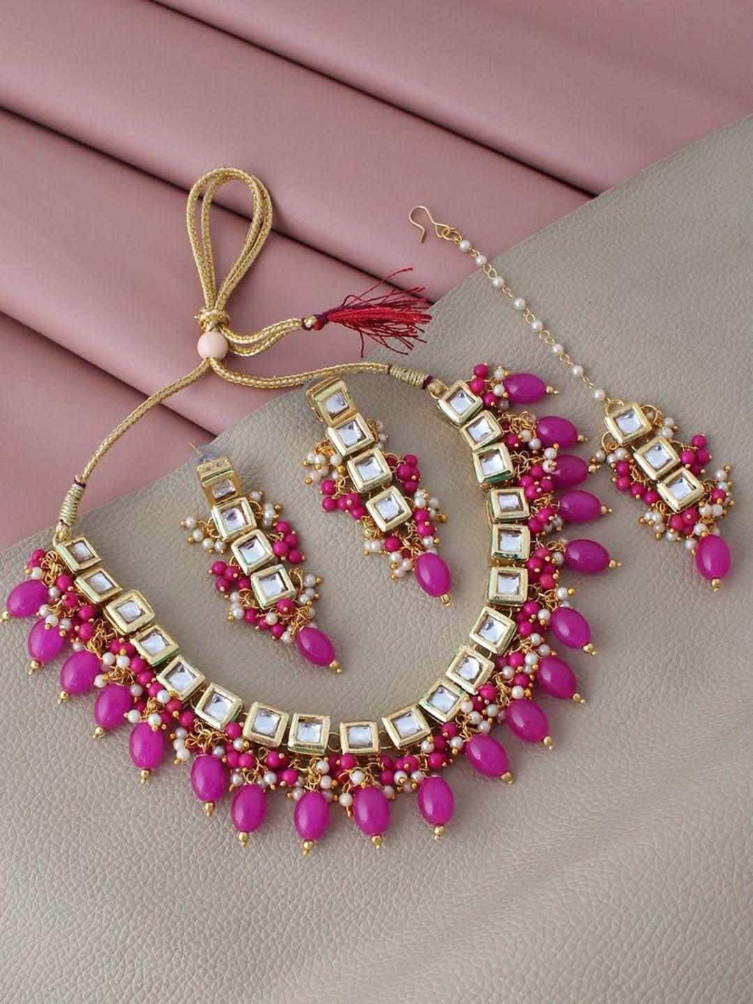 Magenta Gold-Plated Kundan Studded Jewellery Set - Libasaa