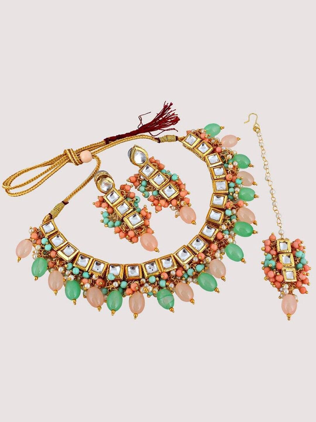 Pink & Green Gold-Plated Kundan-Studded & Beaded Jewellery Set - Libasaa