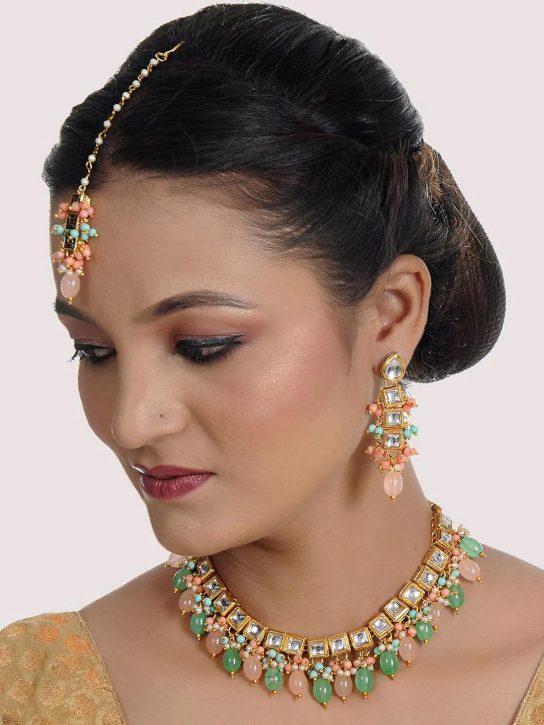 Pink & Green Gold-Plated Kundan-Studded & Beaded Jewellery Set - Libasaa