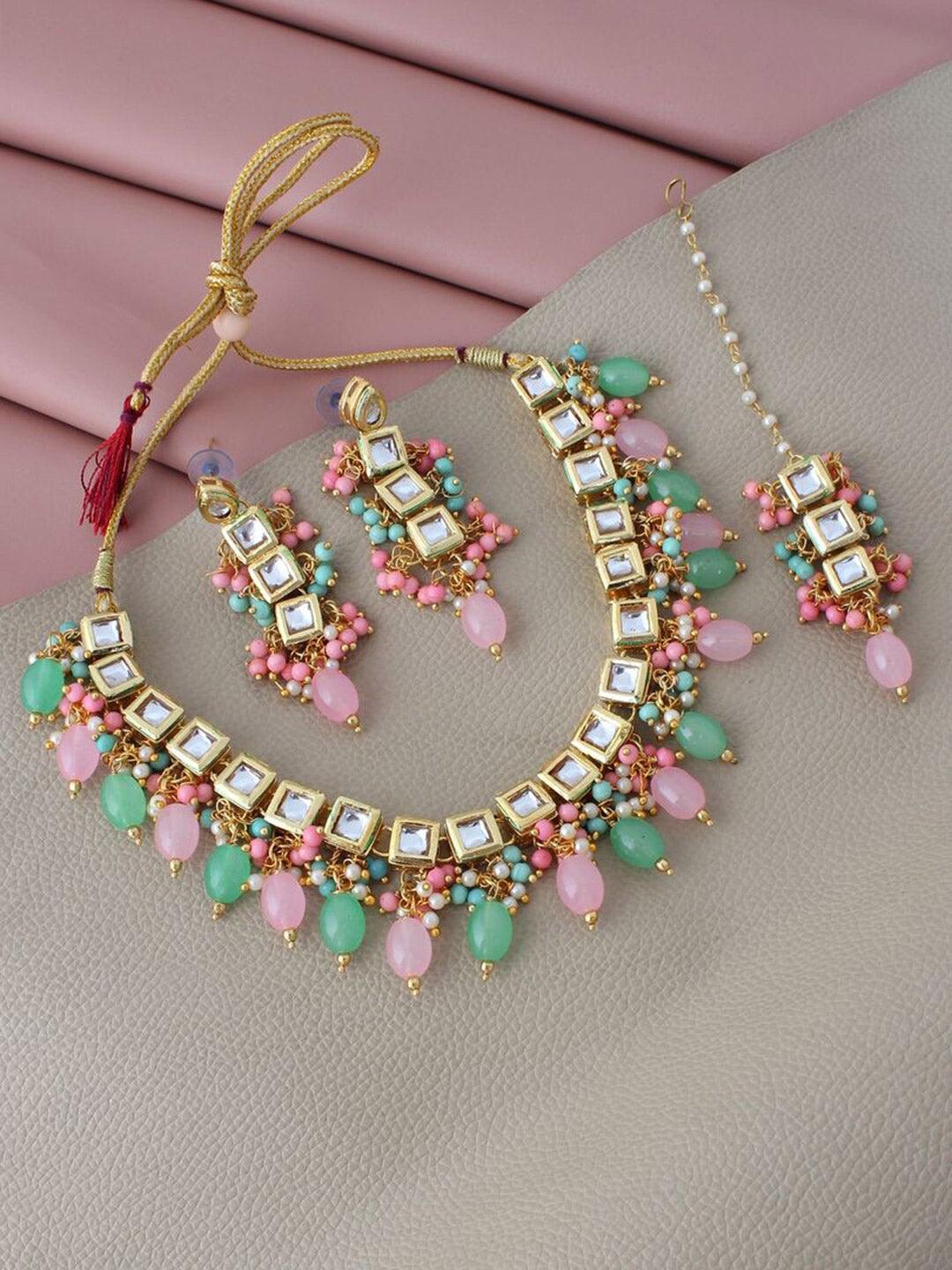 Pink & Green Gold-Plated Kundan-Studded & Beaded Jewellery Set - Libasaa