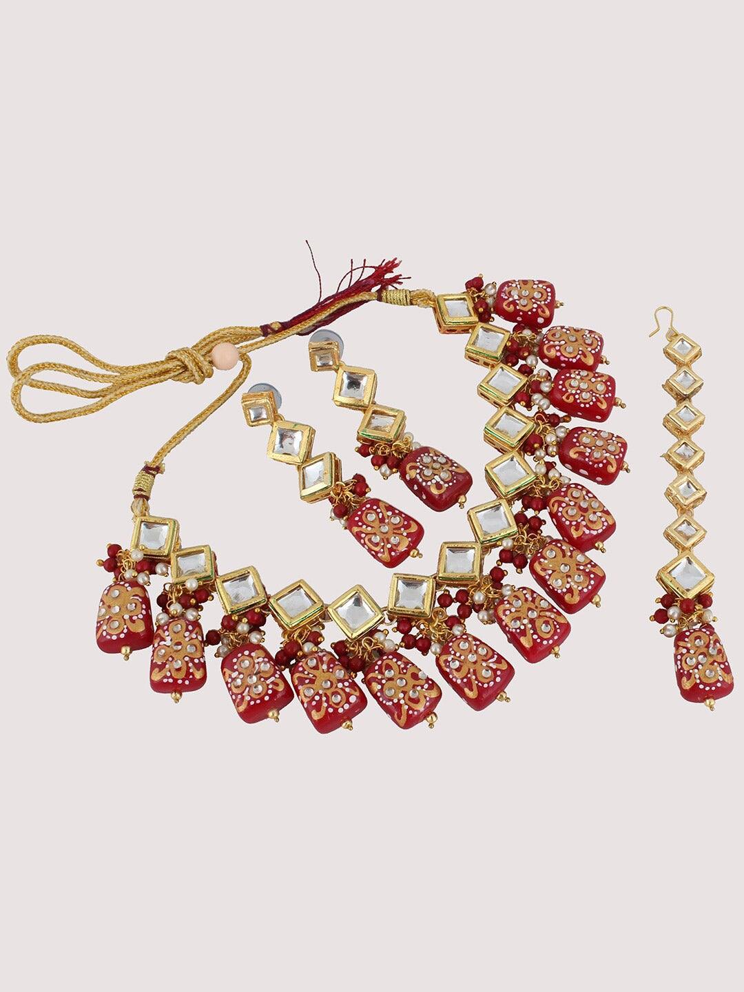 Maroon Gold Plated Kundan-Studded & Beaded Jewellery Set - Libasaa