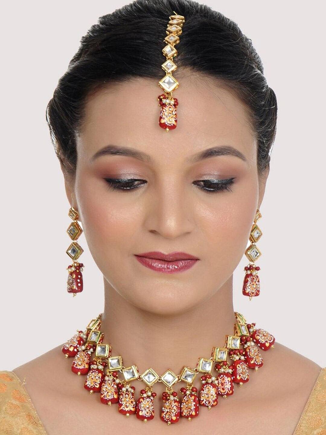 Maroon Gold Plated Kundan-Studded & Beaded Jewellery Set - Libasaa