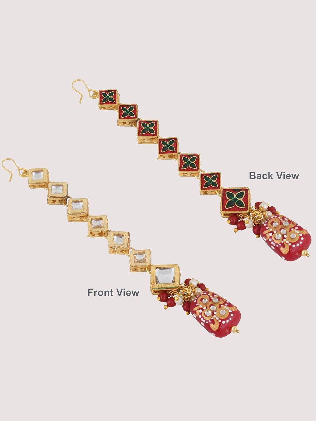 Maroon Gold Plated Kundan-Studded & Beaded Jewellery Set - Libasaa