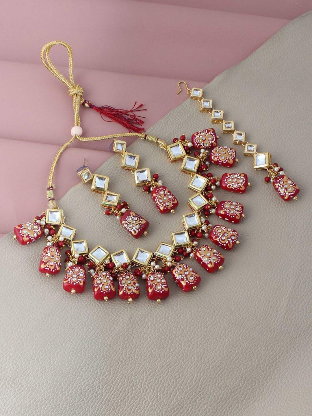 Maroon Gold Plated Kundan-Studded & Beaded Jewellery Set - Libasaa