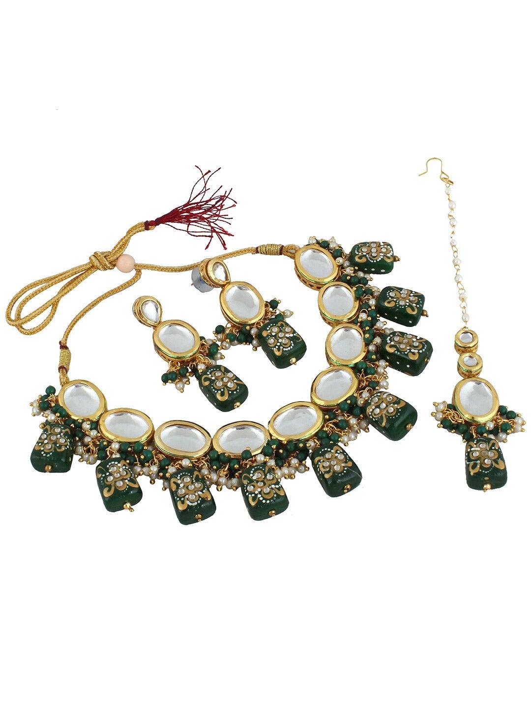 Green Gold-Plated Kundan-Studded & Beaded Jewellery Set - Libasaa