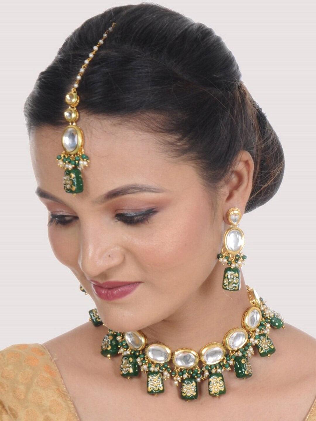 Green Gold-Plated Kundan-Studded & Beaded Jewellery Set - Libasaa