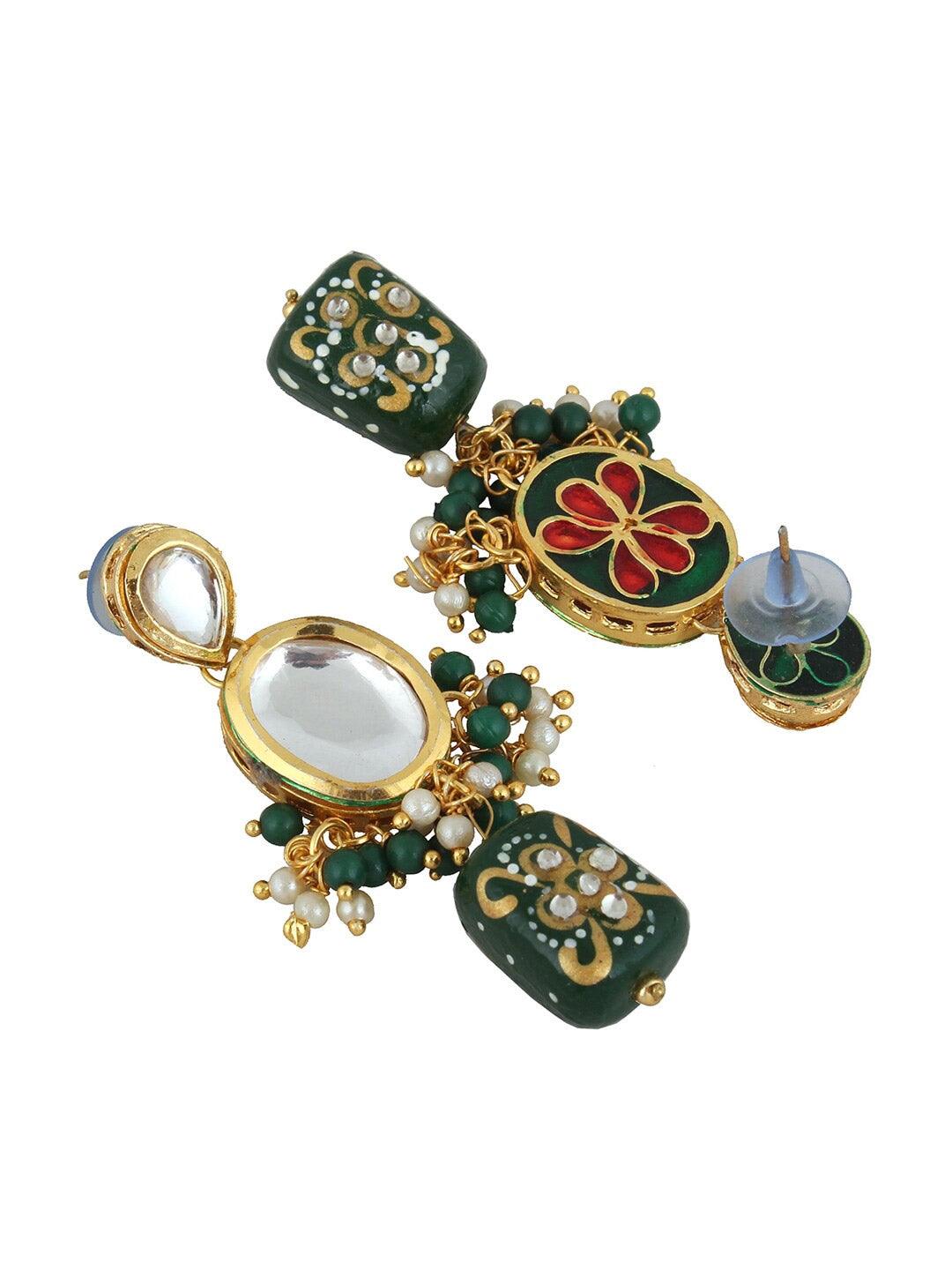 Green Gold-Plated Kundan-Studded & Beaded Jewellery Set - Libasaa