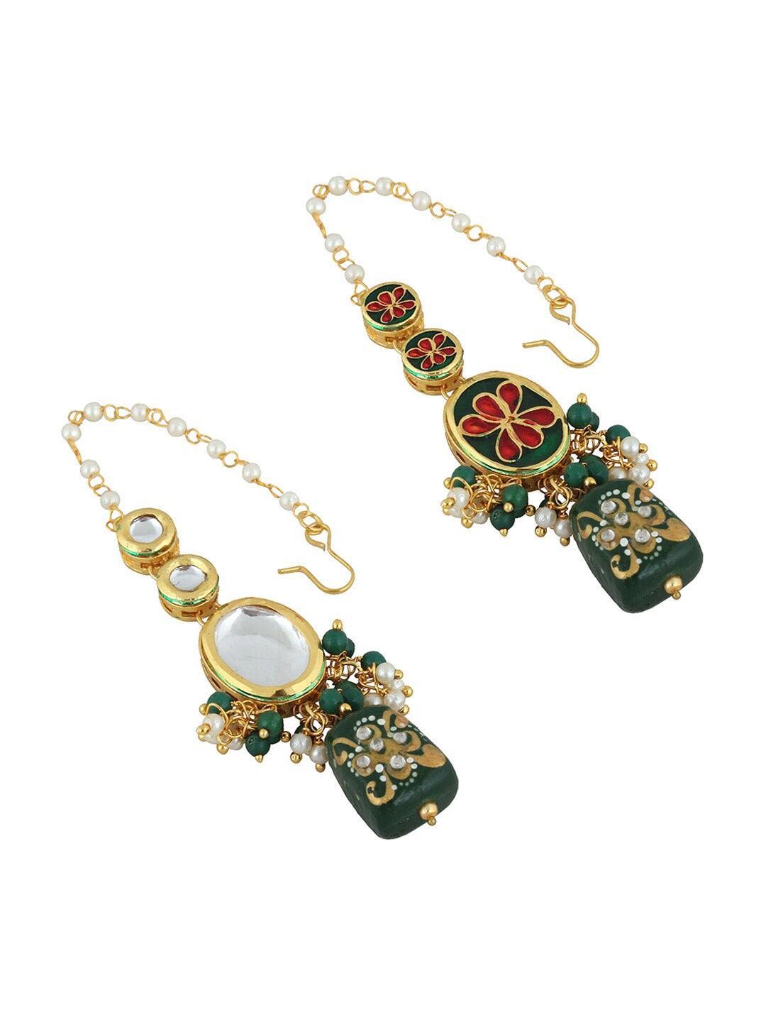 Green Gold-Plated Kundan-Studded & Beaded Jewellery Set - Libasaa