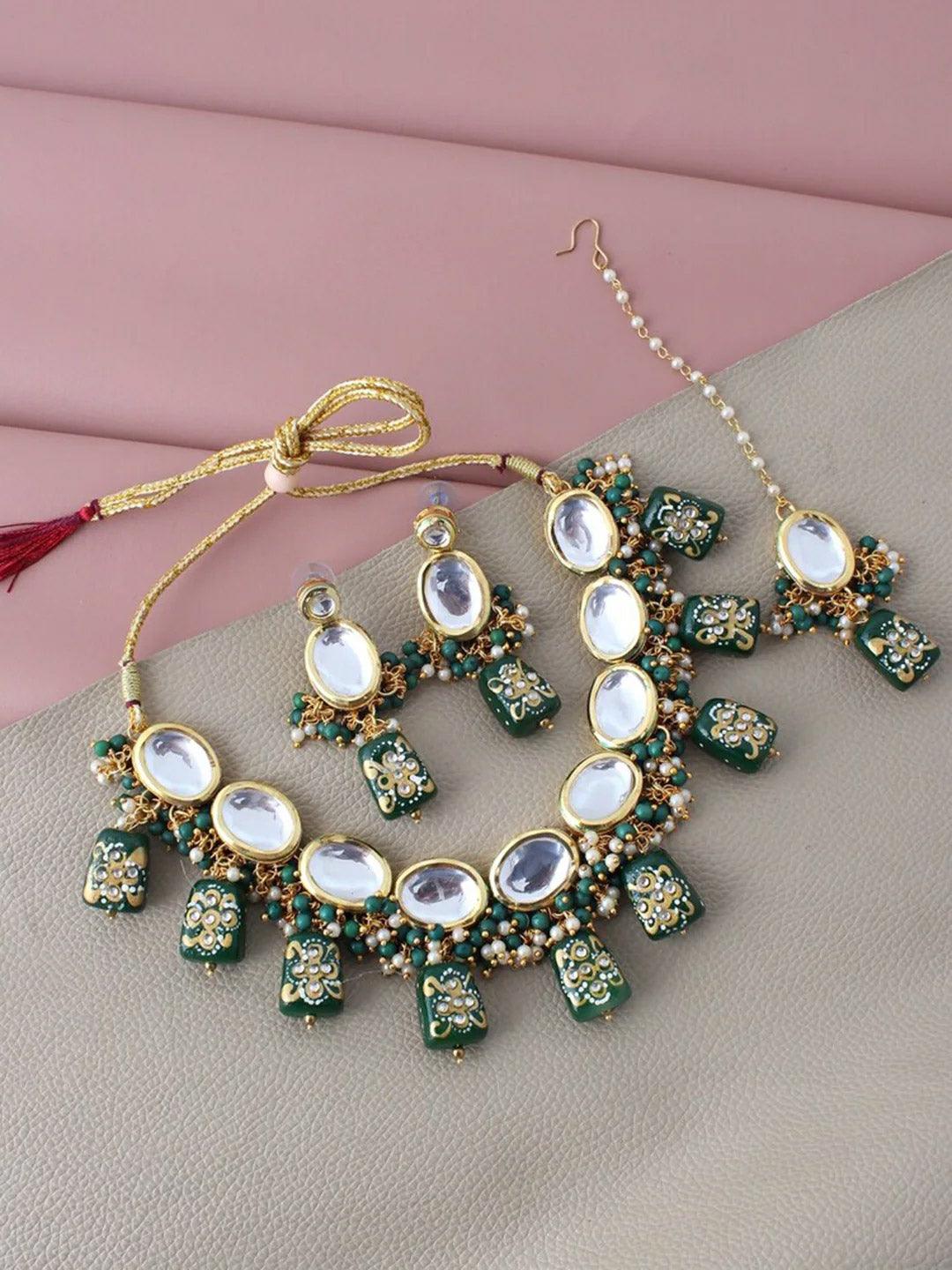 Green Gold-Plated Kundan-Studded & Beaded Jewellery Set - Libasaa