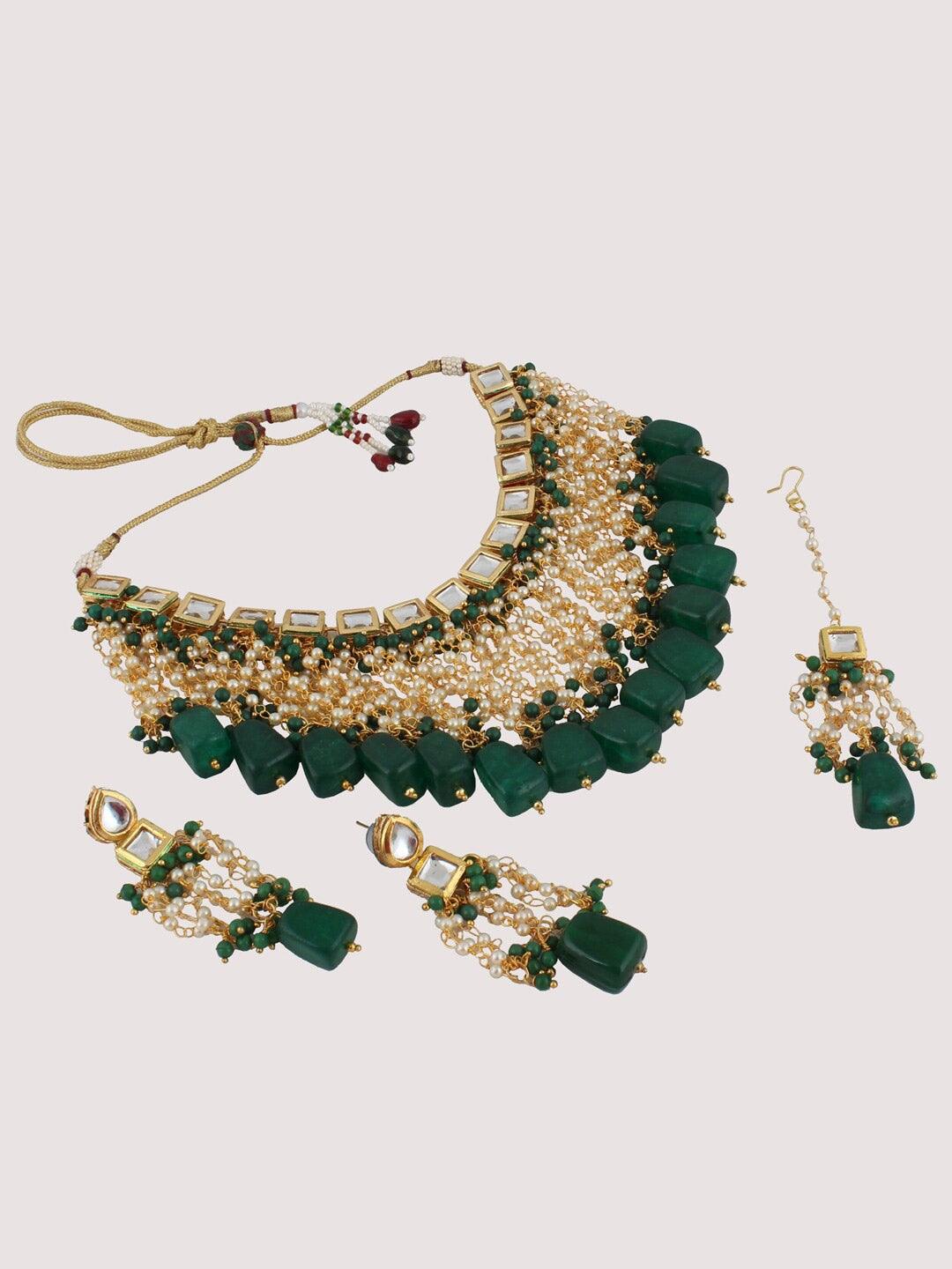 Green 18k Gold Plated Kundan-Studded & Beaded Jewellery Set - Libasaa