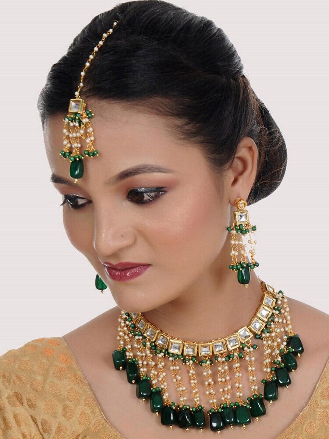 Green 18k Gold Plated Kundan-Studded & Beaded Jewellery Set - Libasaa