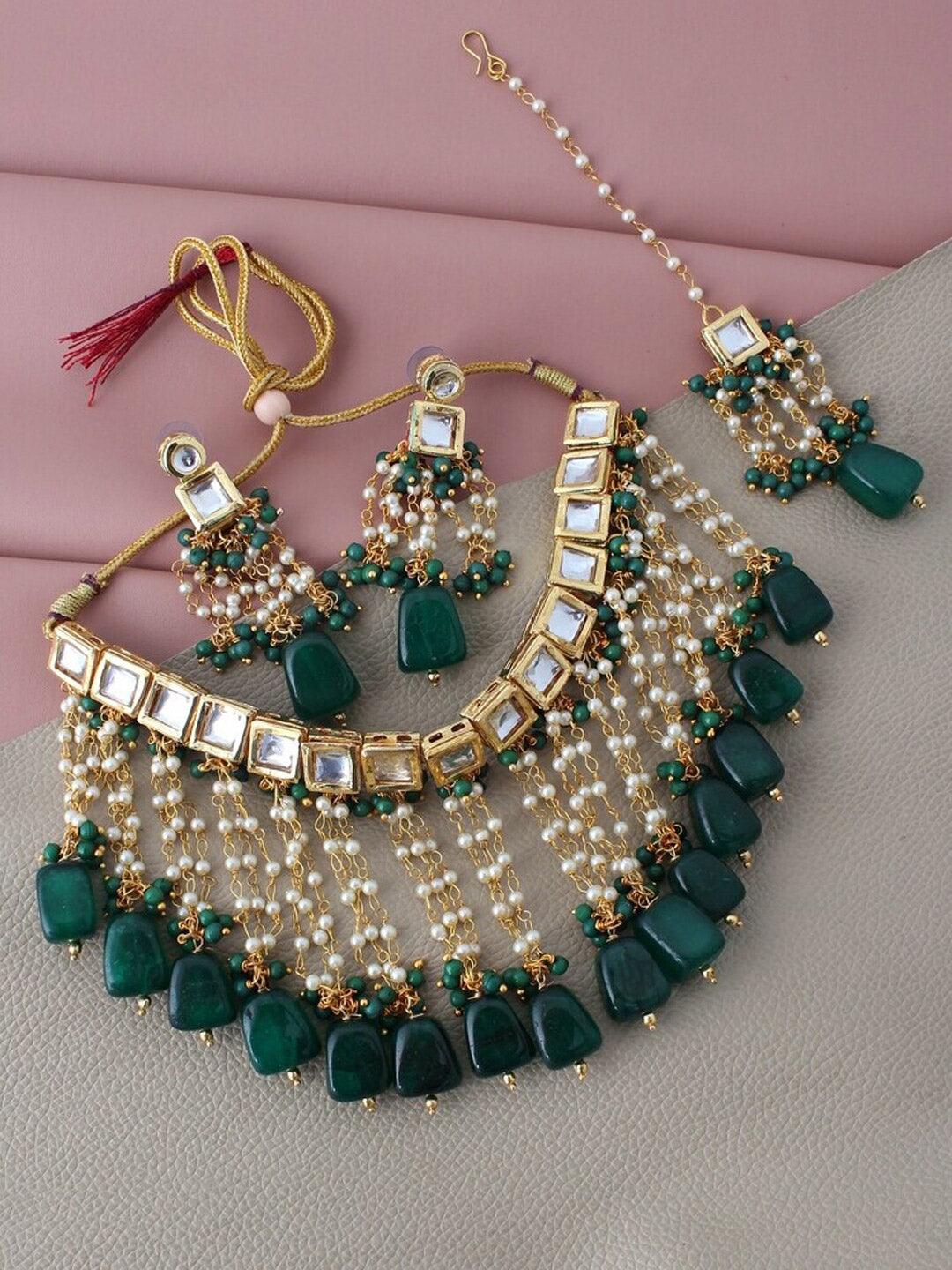 Green 18k Gold Plated Kundan-Studded & Beaded Jewellery Set - Libasaa