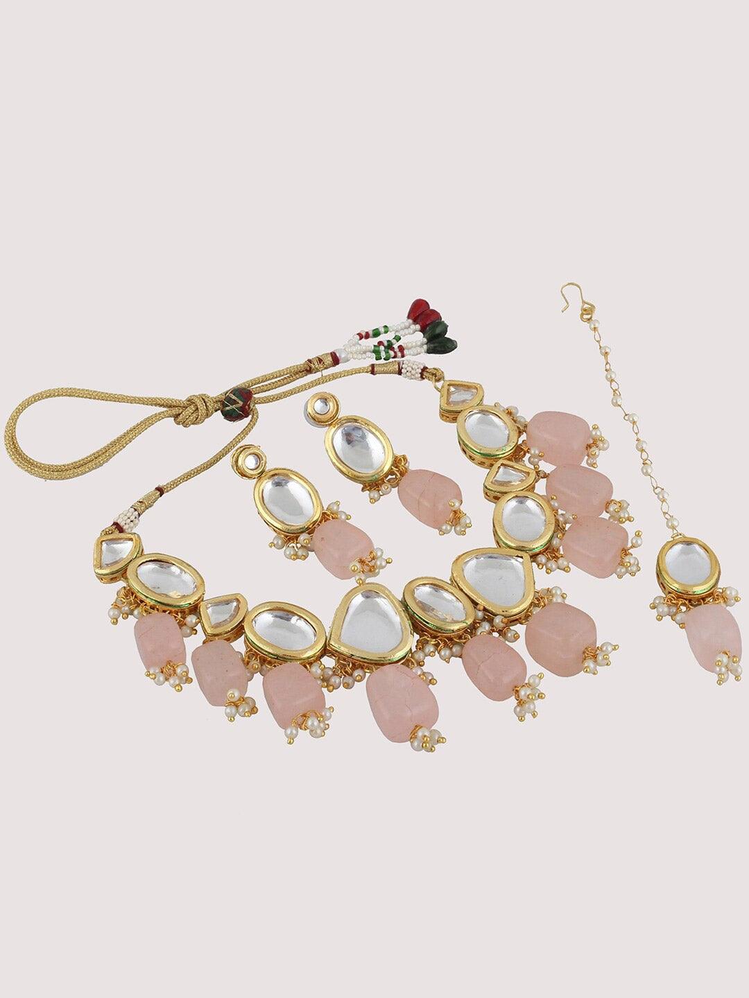 Pink Gold-Plated Kundan-Studded & Beaded Jewellery Set - Libasaa