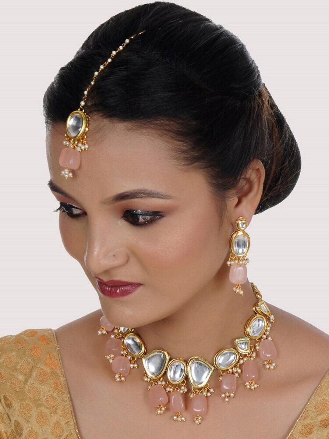 Pink Gold-Plated Kundan-Studded & Beaded Jewellery Set - Libasaa