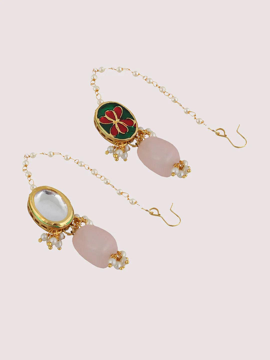 Pink Gold-Plated Kundan-Studded & Beaded Jewellery Set - Libasaa