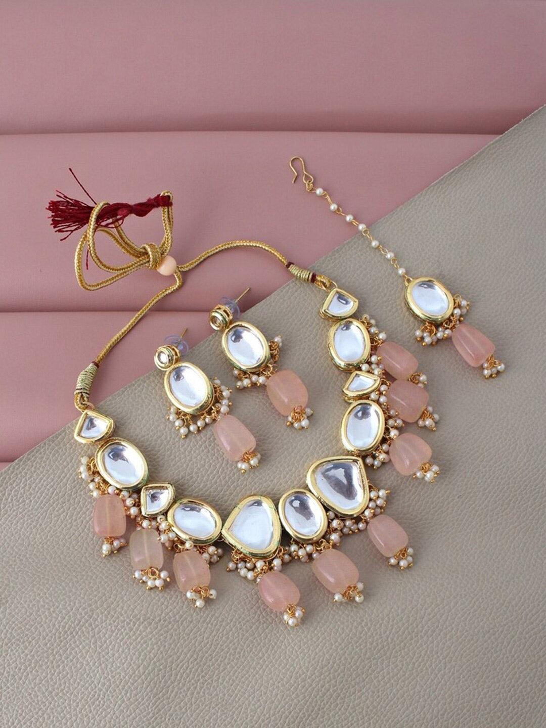 Pink Gold-Plated Kundan-Studded & Beaded Jewellery Set - Libasaa