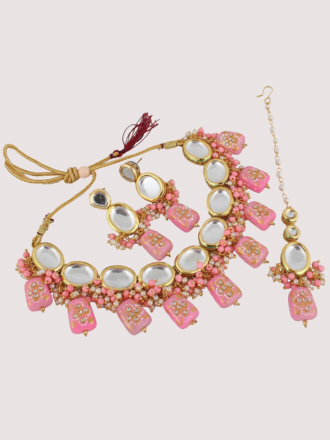 Pink Gold-Plated Kundan-Studded & Beaded Jewellery Set - Libasaa