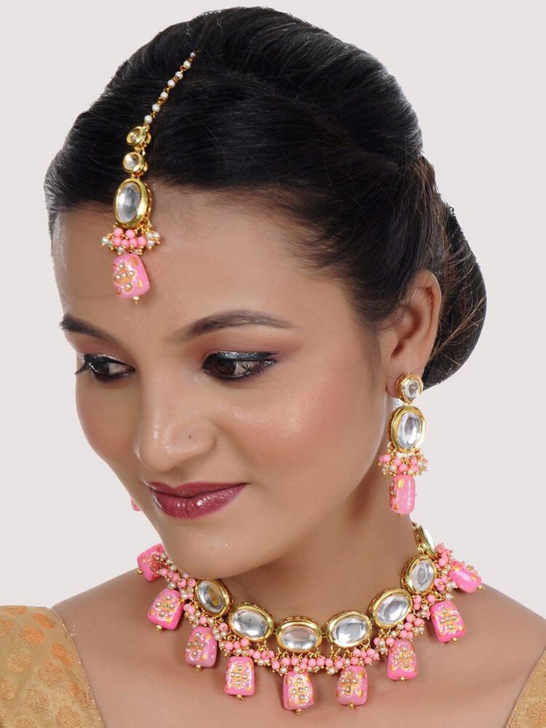 Pink Gold-Plated Kundan-Studded & Beaded Jewellery Set - Libasaa