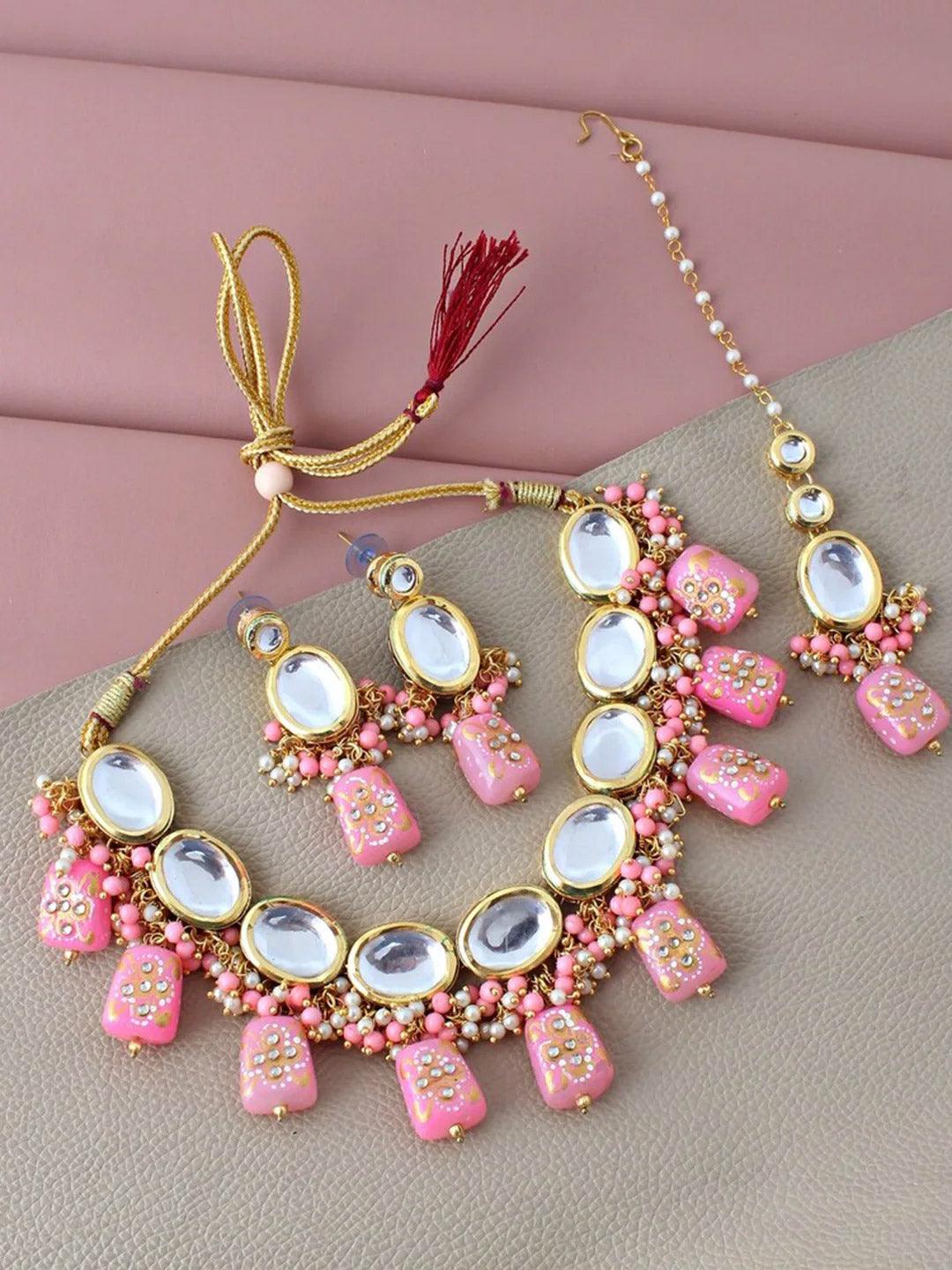 Pink Gold-Plated Kundan-Studded & Beaded Jewellery Set - Libasaa