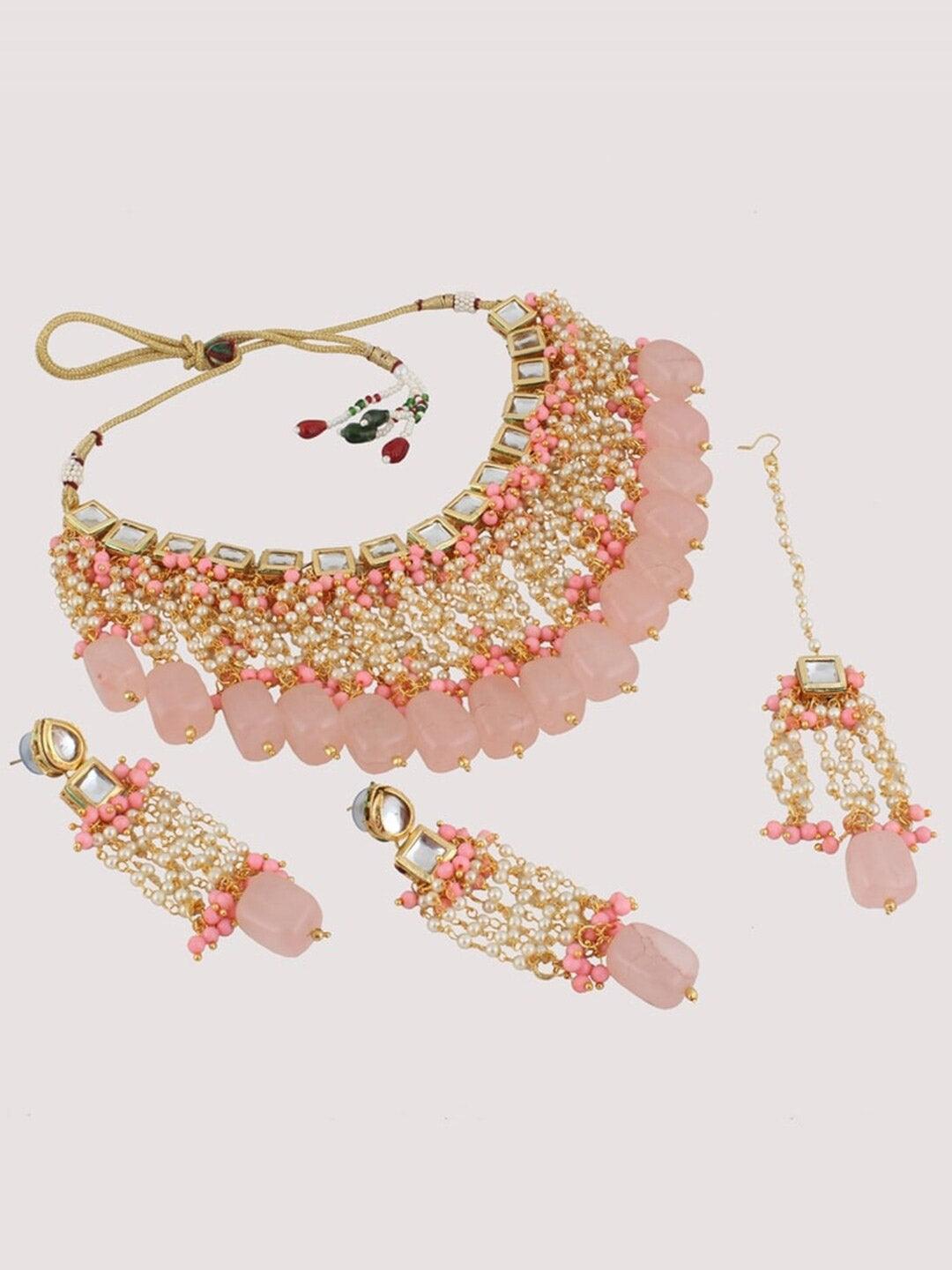 Pink 18k Gold-Plated Kundan-Studded & Beaded Jewellery Set - Libasaa