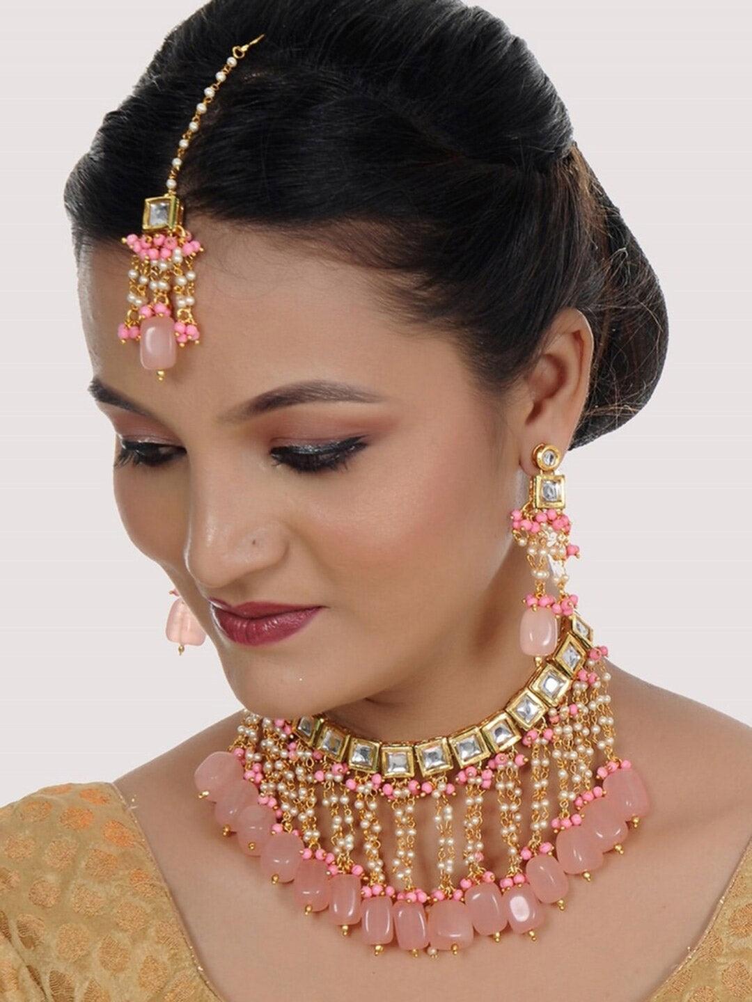 Pink 18k Gold-Plated Kundan-Studded & Beaded Jewellery Set - Libasaa