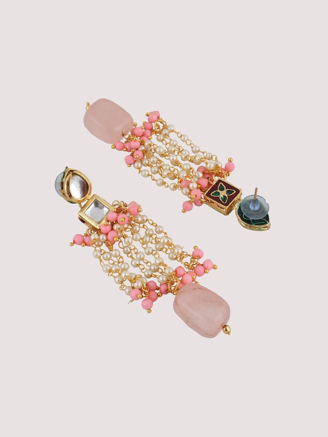 Pink 18k Gold-Plated Kundan-Studded & Beaded Jewellery Set - Libasaa